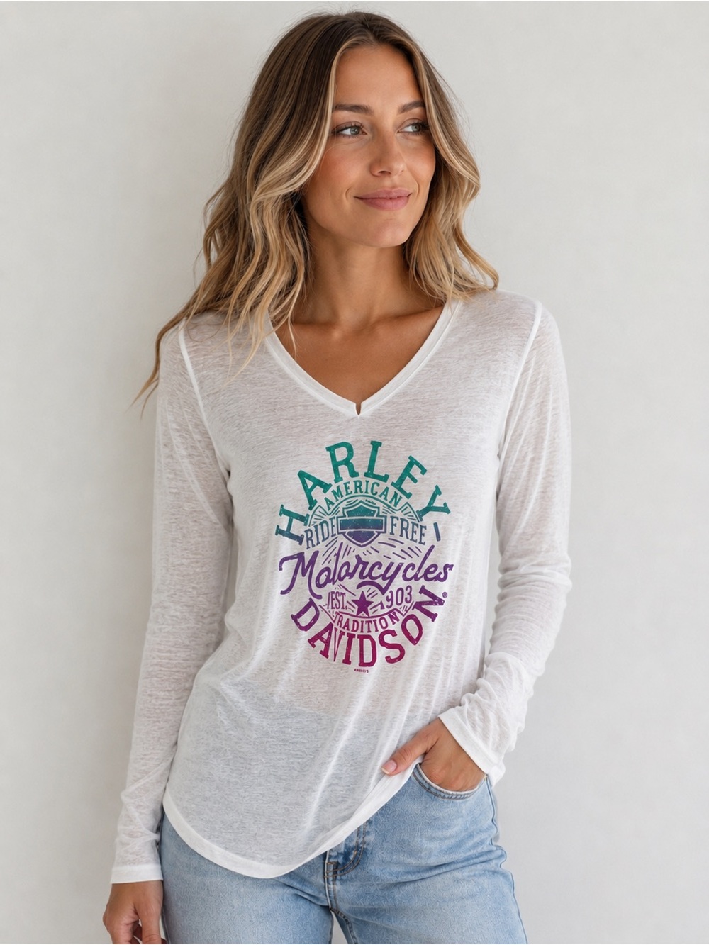 Harley-Davidson Palm Beach FL White Graphic Long Sleeve V-Neck Top XS